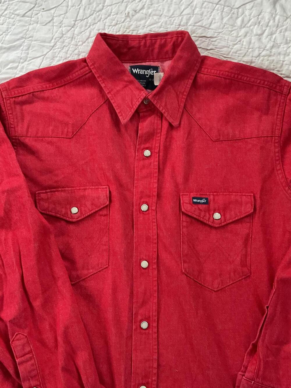 Vintage Wrangler Pearl Snap Button Down Western Made In USA Size 17-35